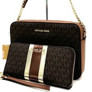 Michael Kors Large EW Zip Chain Xbody Crossbody Bag & Continental Wallet Brown